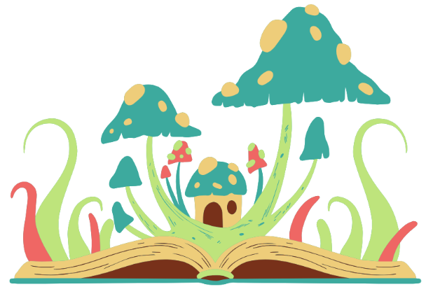 Illustration i färg. En uppslagen sagobok ur det växer svampar och ett litet hus.