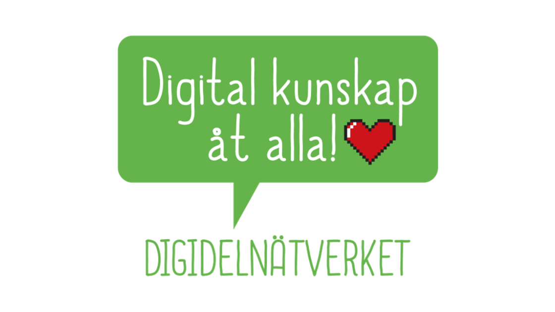 Logga. Grön pratbubbla med texten "Digital kunskap åt alla!" och sedan ett rött hjärta. Under pratbubblan står det "DIGIDELNÄTVERKET".