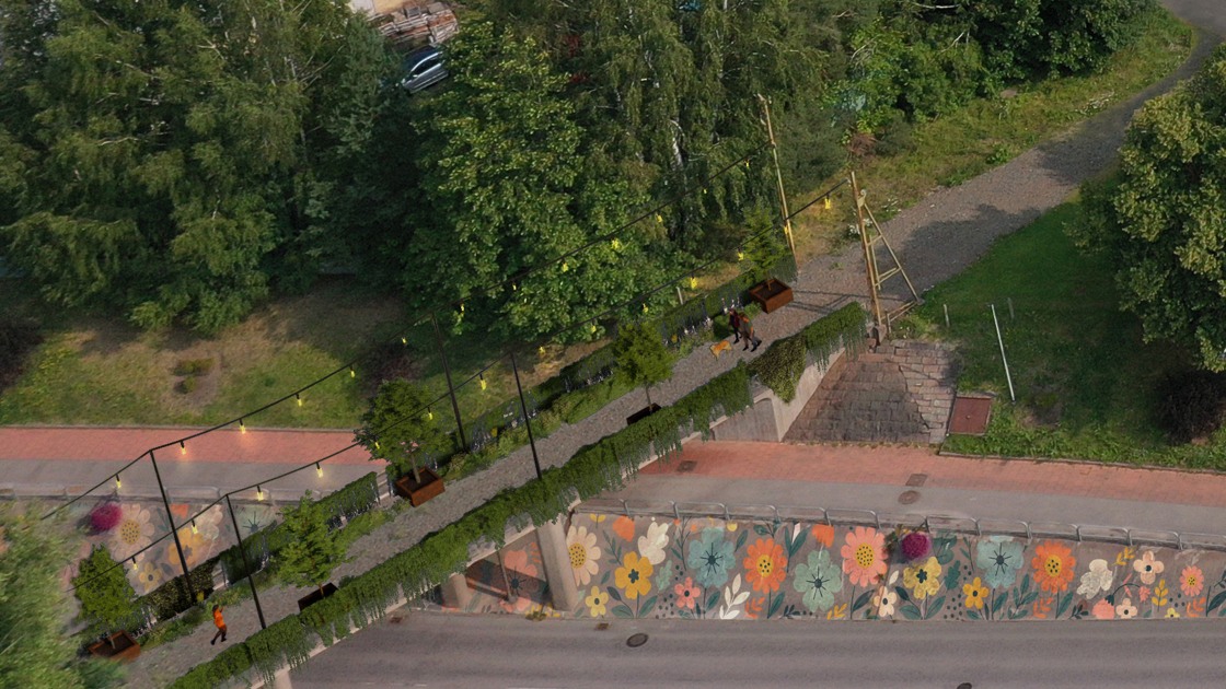 Illustration över gång- och cykelbanan som binder samman Järnvägsparken och Stadsparken.