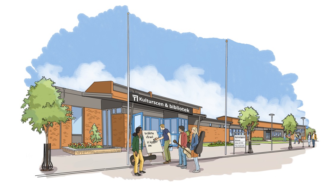 En illustration över huset där Tibros nya kulturscen ska byggas. En skylt med texten Kulturscen & bibliotek sitter över entrén. En person skriver Ursäkta röran, vi bygger om på en skylt.