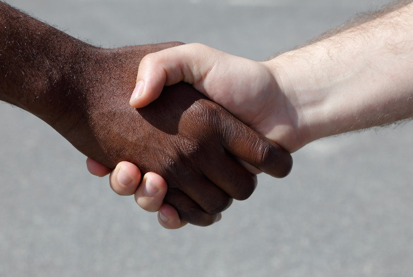 Närbild av en svart och vit mans händer i ett handslag.