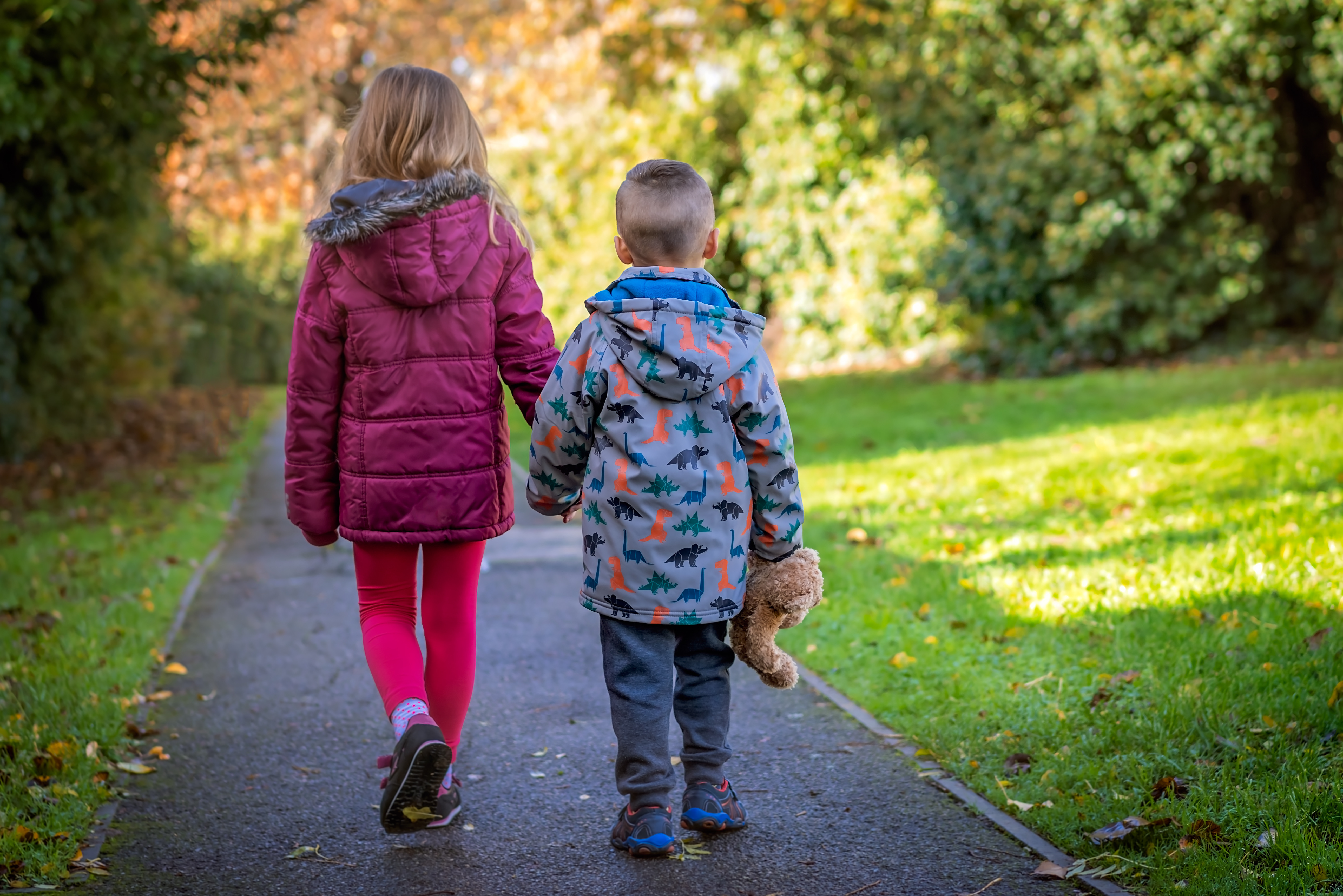 Boy holding hs favourite teddy bear soft toy holding hands with his sister and walking together on a path in the countryside in autumn