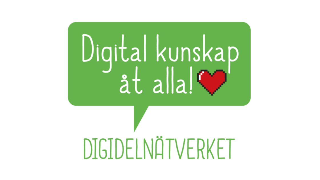 Logga. Grön pratbubbla med texten "Digital kunskap åt alla!" och sedan ett rött hjärta. Under pratbubblan står det "DIGIDELNÄTVERKET".