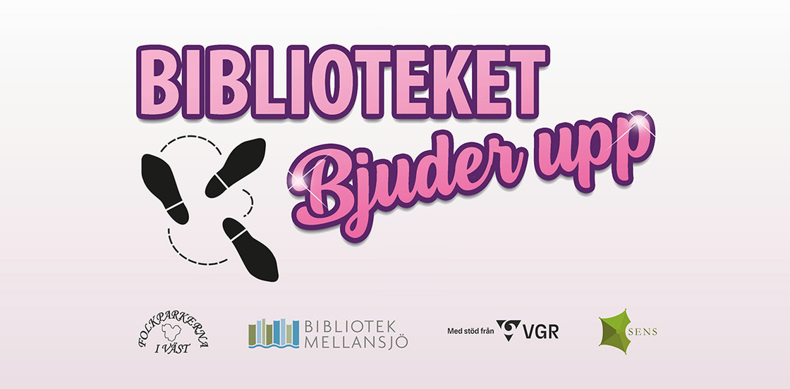 Rosa bakgrund. Mitt i bild logga och text för "biblioteket bjuder upp". Nertill i bild loggor för samarbetspartners.