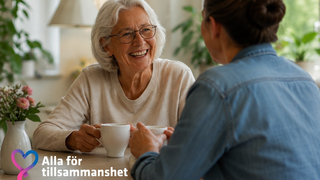 Två personer som fikar tillsammans.