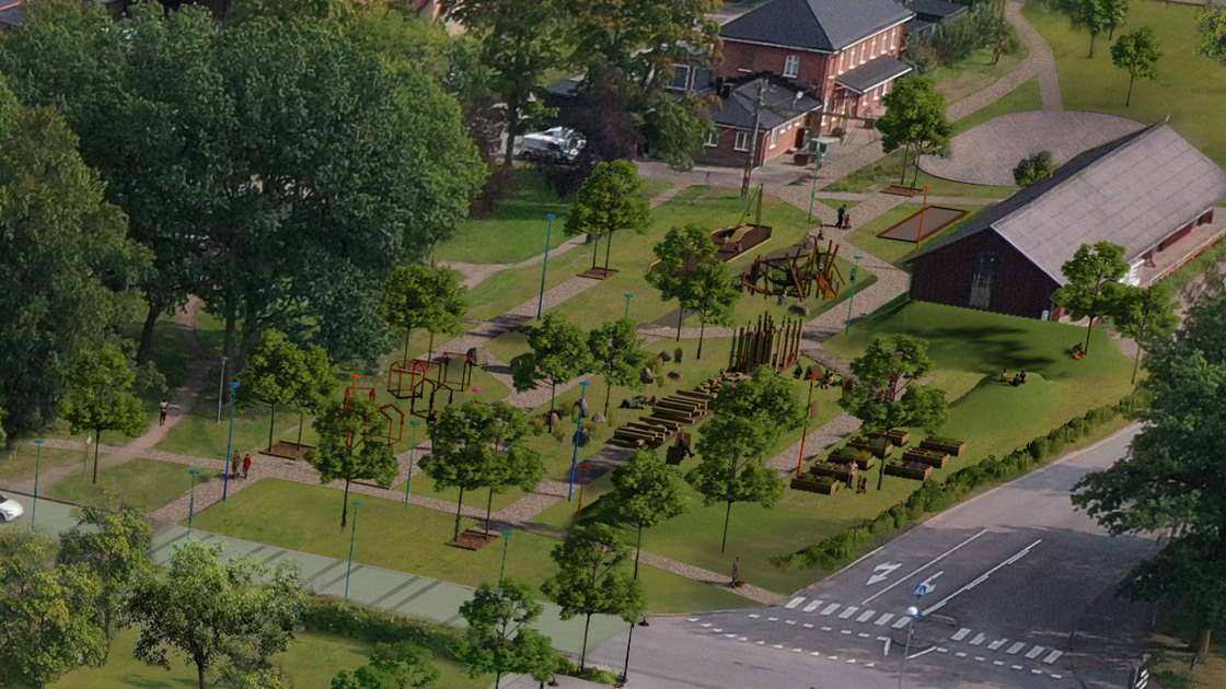 Illustration över hur gångfartsområdet och Järnvägsparken ska utvecklas i Tibro centrum.