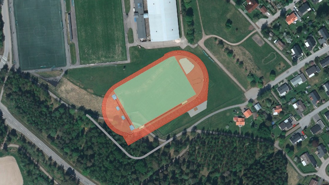Flygfoto och skiss på den nya friidrottsanläggningen i Tibro. 
