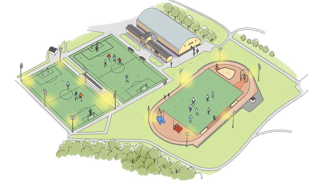 Skiss över den nya friidrottsplatsen som ska byggas i Sportparken.