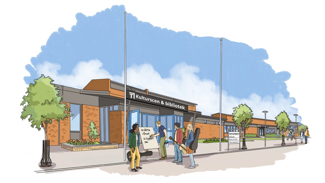 En illustration över huset där Tibros nya kulturscen ska byggas. En skylt med texten Kulturscen & bibliotek sitter över entrén. En person skriver Ursäkta röran, vi bygger om på en skylt.