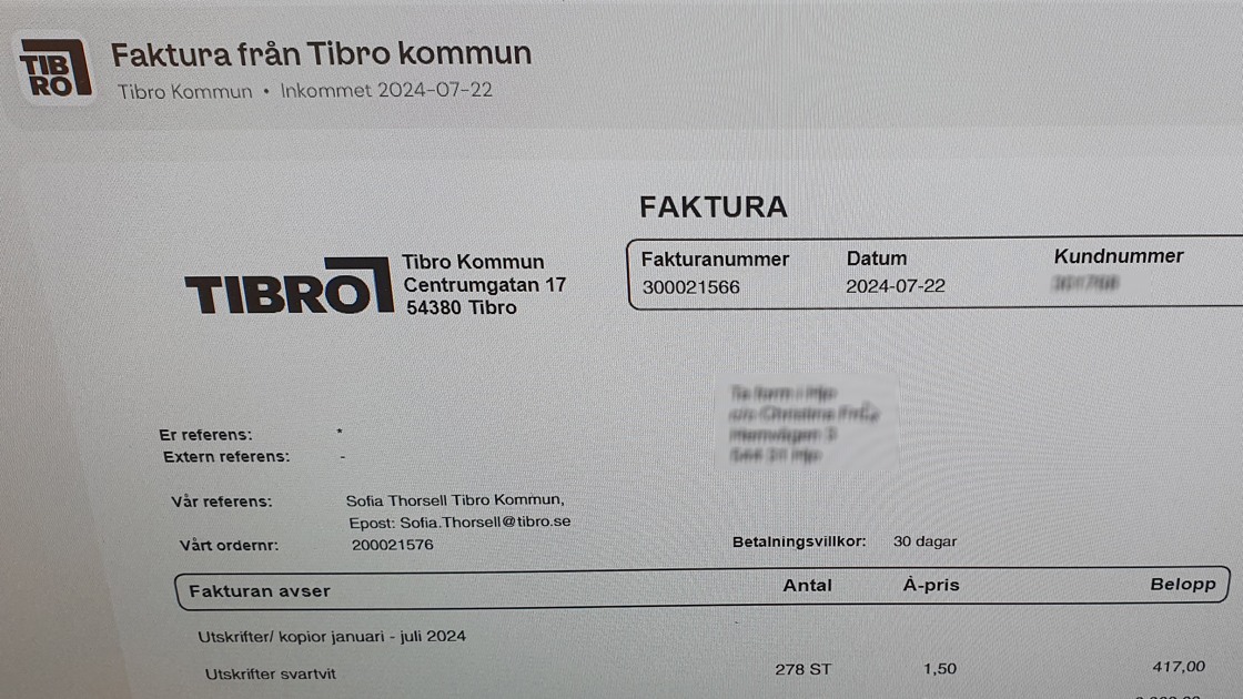 Faktura från Tibro kommun.