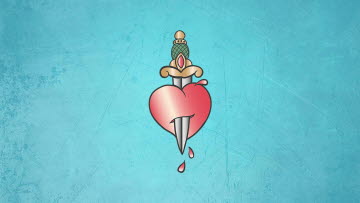 Symbolen för kampanjen Svartsjuka är inte romantiskt, ett svärd som trycks igenom ett hjärta.